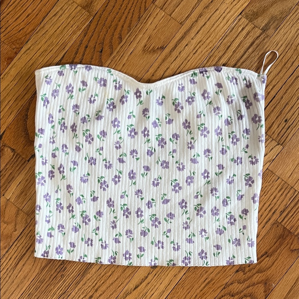 H&M White Ribbed Strapless Crop Top with Purple Floral Print
